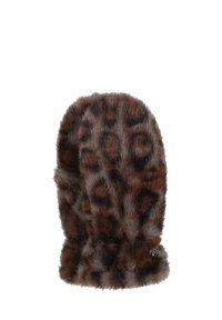 Brūnas sintētiskā džutas cepure ar leopardu rakstu. Mīksta tekstūra ar noapaļotu formu un nelielu logotipa detaļu apakšmalā.