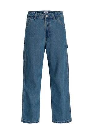Jean en denim bleu à jambes droites avec poches avant, fermeture à boutons, passants de ceinture et poches latérales pour outils.