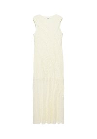 Robe longue blanche sans manches avec un motif floral texturé, semblable à de la dentelle, et un col rond.