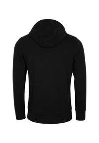 Felpa nera con cappuccio, maniche lunghe e polsini a coste. Tessuto dalla texture liscia e design minimalista, senza loghi o motivi visibili.