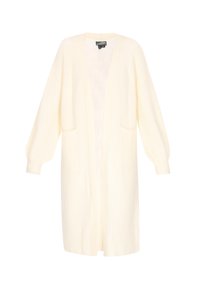 Langer, cremefarbener Strickcardigan mit offenem Vorderteil, fallenden Schultern, langen Ballonärmeln und zwei Vorder- taschen.