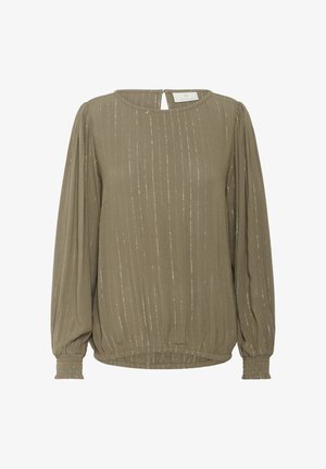 Blusa verde oliva con una textura suave, que presenta rayas metálicas verticales, mangas abullonadas, y un dobladillo y puños elásticos. Detalle de ojal en la espalda.