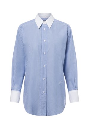 Blauw-wit gestreepte overhemd met lange mouwen en knopen. Heeft een effen witte kraag en manchetten, met een ontspannen pasvorm en subtiele textuur.