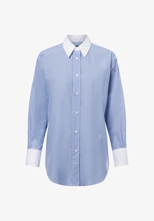 Blau-weiß gestreiftes Langarm-Hemd mit Knopfleiste. Verfügt über einen einfarbigen weißen Kragen und Manschetten, mit einem entspannten Schnitt und subtilem Texturmuster.