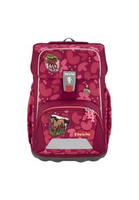 Rode en roze rugzak met hartpatronen, meerdere paardenstickers, een voorvak met rits en een grijze accent aan de onderkant. Voorzien van een veilige sluiting.