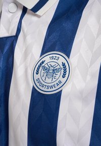 Gros plan sur un vêtement de sport rayé bleu et blanc avec un logo circulaire présentant une abeille, des branches de laurier et le texte « 1923 F.C. Sportswear ».