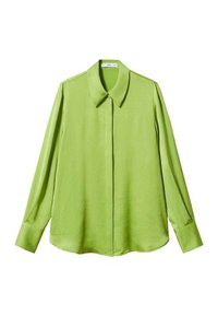 Chemise à manches longues vert citron avec col classique et boutons cachés, présentée à plat sur fond blanc.
