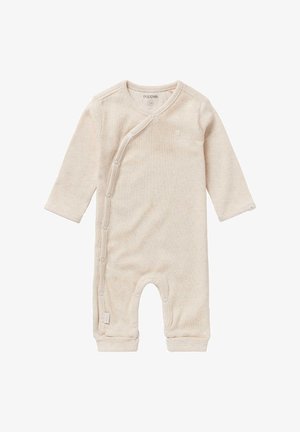 Lichtbeige geribd babyrompertje met lange mouwen, voorzien van een wikkelontwerp en drukkers langs de voorkant en benen. Zacht aanvoelend.