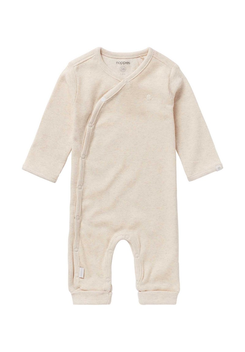 Helle beige, gerippte Baby-Strampler mit langen Ärmeln, ausgestattet mit einem Wickeldesign und Druckknöpfen an der Vorderseite und an den Beinen. Weicher Stoff.