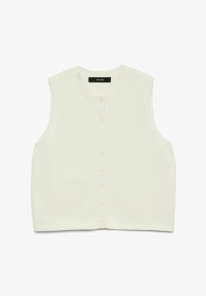 Valge kudumata lühikeste varrukatega kardigan ümmarguse kaelusega, mille esiosas on kuus sobivat nööpi ja soonikkoes detailid.