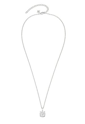 Silberne Halskette mit rundem, klarem Edelstein-Anhänger und verstellbarem Verschluss zur Längenanpassung.