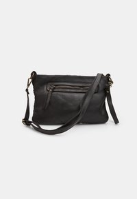 Black leather crossbody bag with a textured finish, featuring a zippered front pocket and an adjustable strap. Rectangular shape.