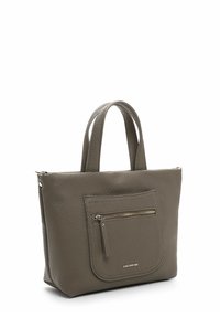 Gray leather tote bag with textured surface, dual short handles, front zip pocket, and gold logo accent. Compact rectangular shape.