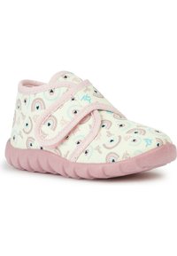 Kinderschlupfschuhe mit einer weichen rosa Sohle, gemustertem Obermaterial in Pastellfarben, mit einem Klettverschluss und runder Form für zusätzlichen Komfort.