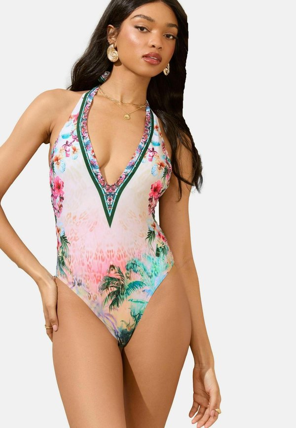 HALTER NECK PLUNGE - Badeanzug - tropical print