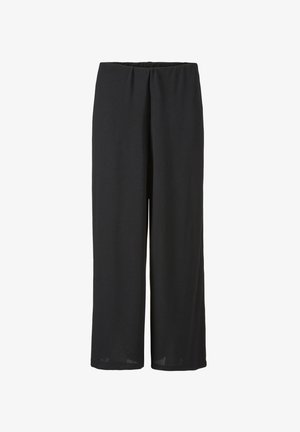Black wide-leg trousers made of soft fabric with an elastic waistband, featuring a loose fit and straight cut. No visible patterns or hardware.