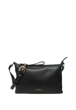Borsa a tracolla in pelle nera con fibbia e cerniera dorate, con logo "BIASIA" in lettere dorate al centro anteriore.
