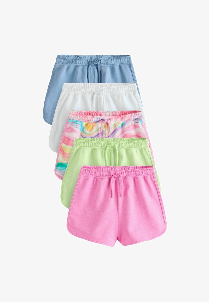 Zestaw pięciu par szortów w kolorach niebieskim, białym, różowym, zielonym oraz w kolorowy wzór. Miękka tkanina, elastyczny pas i szczegół związanego sznurka.