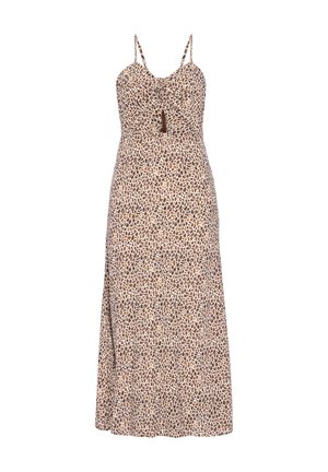 Bezruké hnědé a béžové maxi šaty s tečkovaným vzorem, tenkými ramínky, výstřihem s klíčovou dírkou pod hrudníkem a nařaseným detailem na hrudníku.