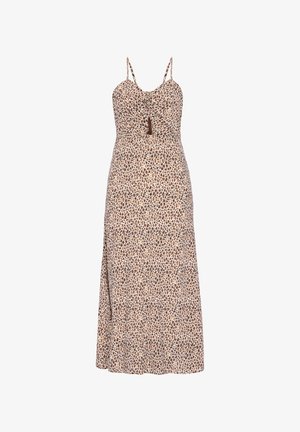 Mouwloze maxi-jurk in bruin en beige met vlekken, dunne bandjes, een keyhole-uitgesneden detail onder de borst en geplooide details bij de buste.