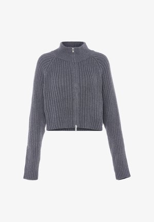 Gray ribbed knit cardigan with long sleeves, high collar, and front zipper, cropped fit.