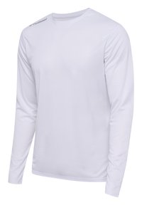 Langarm-weißes Sportshirt aus leichtem Stoff, mit rundem Ausschnitt und subtiler Logodetail am Schulterbereich.