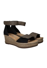 Zwarte wedge sandalen met geweven beige banden, textuur details en een jute-wrapped zool. Bevat een enkelbandje en een open teen ontwerp.
