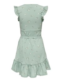 Robe courte vert clair avec petit imprimé floral blanc, manches à volants, taille ceinturée et ourlet à volants, vue de dos.