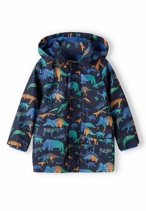 Marineblå dunjakke med hætte, prydet med farverige dinosaur- og dyremotiver, to forlommer og lynlåslukning.