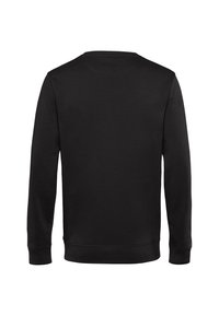 Suéter negro de manga larga, cuello redondo y puños de canalé. Textura suave y color sólido sin patrones o adornos visibles.