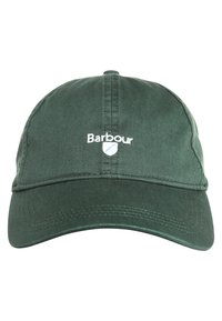 Dunkelgrüne Baseballkappe aus Baumwolle mit gebogenem Schirm und gesticktem "Barbour"-Logo auf der Vorderseite. Verfügt über strukturierte Stoffe und Nähdetails.