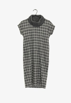 Grijze geruit mouwloze jurk met een brede, gebreide col, hangend aan een zwarte kledinghanger.