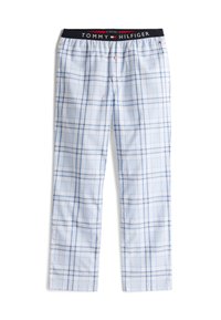 Lyseblå bomulds pyjamasbukser med et ternet mønster. Har en sort talje med "TOMMY HILFIGER" logo og knapdetaljer.