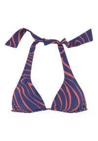 Jūros mėlynos bikini viršutinė dalis su oranžinėmis bangomis; turi kaklo raištelį ir raukšles apačioje, leidžiančias reguliuoti dydį. Lengvas audinys.