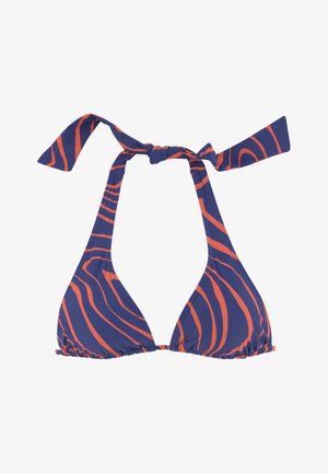 Jūras zila bikini augšdaļa ar oranžām viļņainām svītrām; ar kakla saiti un savilkumiem apakšā, lai nodrošinātu regulējamu piegriezumu. Viegls audums.
