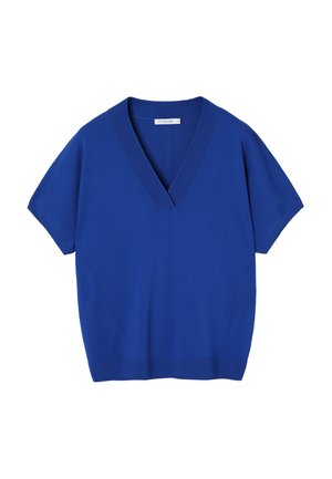Modrý pletený top s krátkym rukávom a hlbokým výstrihom do V, s rebrovaným golierom a lemom, veľkosť malá, minimálne švové detaily na bokoch a ramenách.