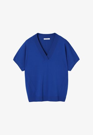 Lyhythihainen, syvään V-kaula-aukkoon leikattu sininen neulepaita, jossa on resorireunukset kauluksessa ja helmassa, pieni koko, pienet saumat sivuilla ja olkapäillä.