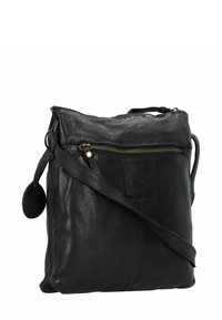 Borsa a tracolla nera in pelle con chiusura a zip, tracolla regolabile e tasca esterna. Presenta una superficie liscia e un design minimalista.