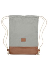 Borsa a sacco in tessuto grigio chiaro con fondo in pelle marrone. Presenta una piccola etichetta con logo e cordini in cotone, design semplice.