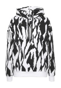 Hooded sweatshirt made of cotton blend, featuring a black and white abstract brushstroke pattern, with drawstrings and ribbed cuffs.