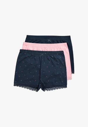 Drie paar katoenen shorts: één marineblauw met stippen, één effen roze en één marineblauw met een kanten randje. Voorzien van elastische taillebanden.