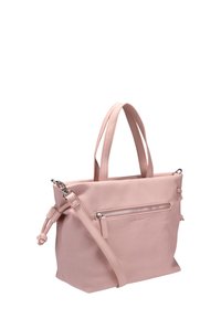 Blush pink tote taske lavet af struktureret materiale, med to håndtag, justerbar skulderrem og en frontlomme med lynlås.