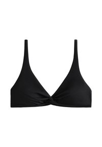 Haut de bikini noir avec une forme triangulaire, des bretelles fines réglables et un détail noué au centre. Confectionné en tissu lisse et extensible.