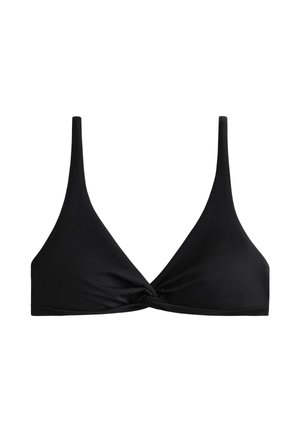 Top bikini nero con forma triangolare, sottili spalline regolabili e un dettaglio annodato al centro. Realizzato in tessuto liscio ed elastico.