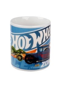 Tazza in ceramica con sfondo blu, logo "Hot Wheels" e grafica di un dinosauro verde e una macchina da corsa. Finitura liscia e lucida.