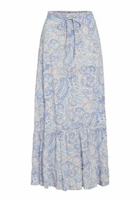 Gonna lunga a più strati con un motivo paisley blu chiaro su un tessuto morbido, con vita regolabile e orlo arricciato.