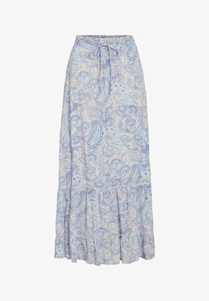 Hosszú, réteges szoknya, világoskék paisley mintával, puha anyagból, húzózsinórral ellátott derékkal és fodros szegéllyel.