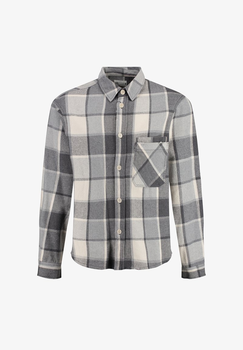 Cămașă din flanel cu carouri gri și alb, cu mâneci lungi, închidere cu butoane și un singur buzunar pe piept, într-un model clasic de tartan.