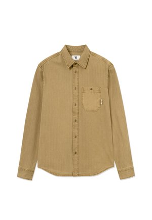 Pikkade varrukatega shirt khaki puuvillast, millel on ees nööpide rida, krae, üks rindtasku ja kaardus serv. Tekstuurse kangaga viimistlus.