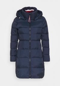 Mørkeblå dunjakke med hætte, med en forreste lynlås, quiltet design og justerbare trækstropper. Materialet er glat og isoleret.